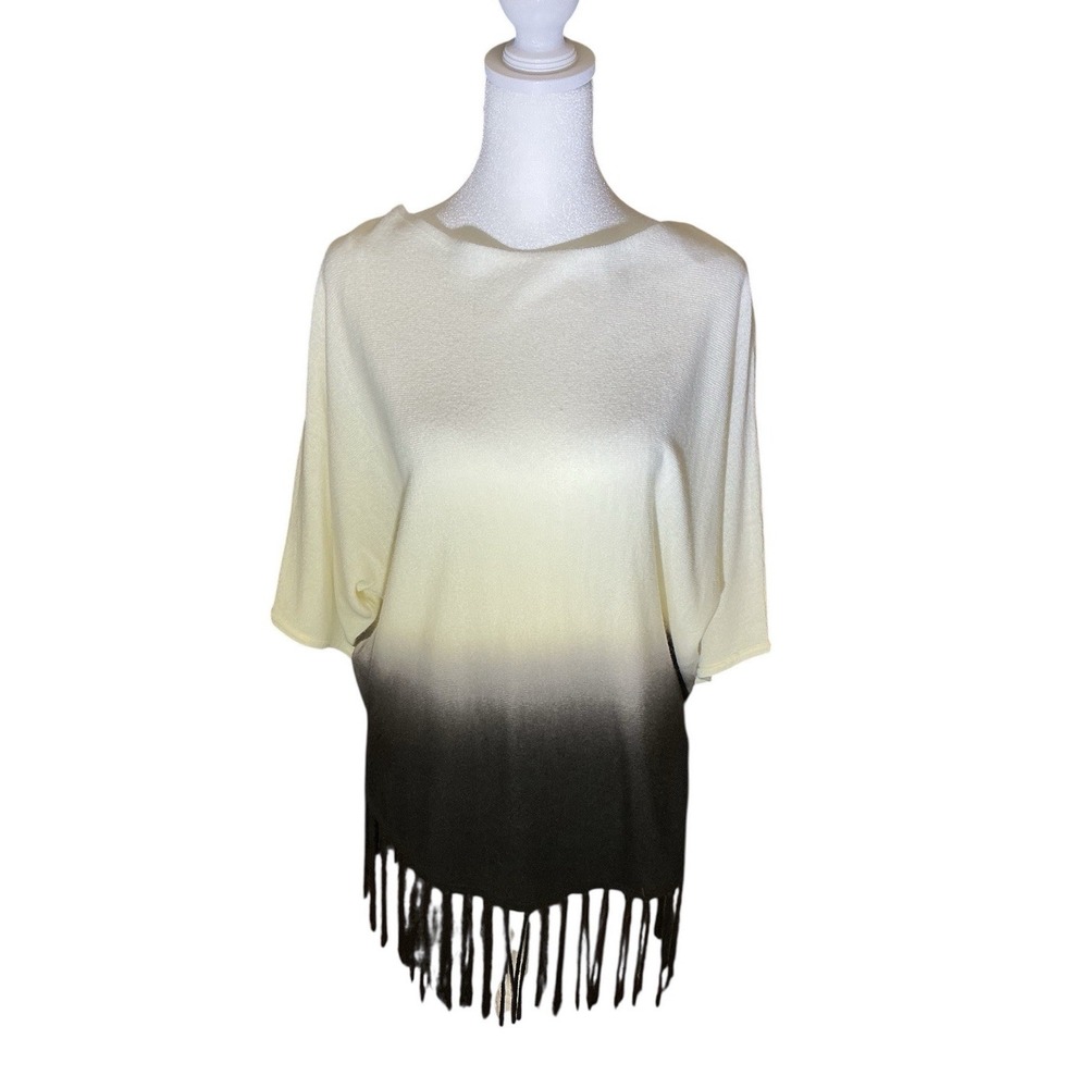 New Directions Ivory Black Ombre Lightweight Pullover Fringed Sweater Sm NWT